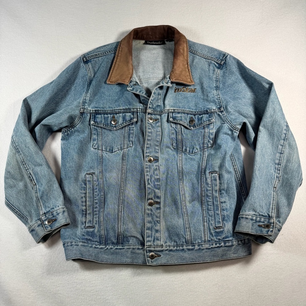 Dunbrooke Jacket Mens Large Blue Jean Barn Embroidered Leather Collared Vintage